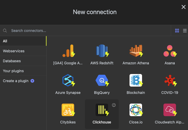 ClickHouse가 선택된 상태로 새 연결 생성 대화 상자를 보여주는 Luzmo 인터페이스