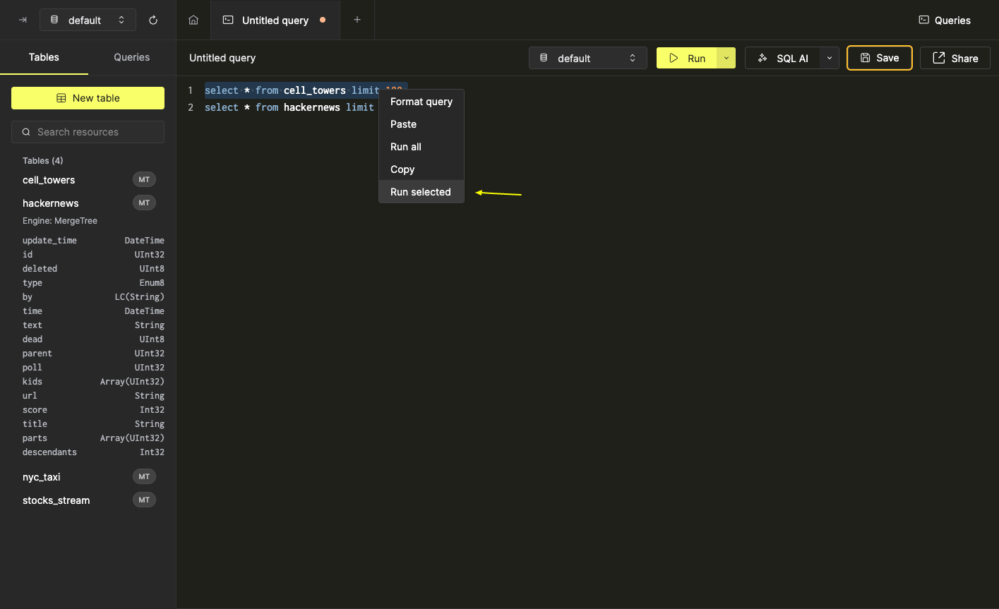 선택한 쿼리 실행