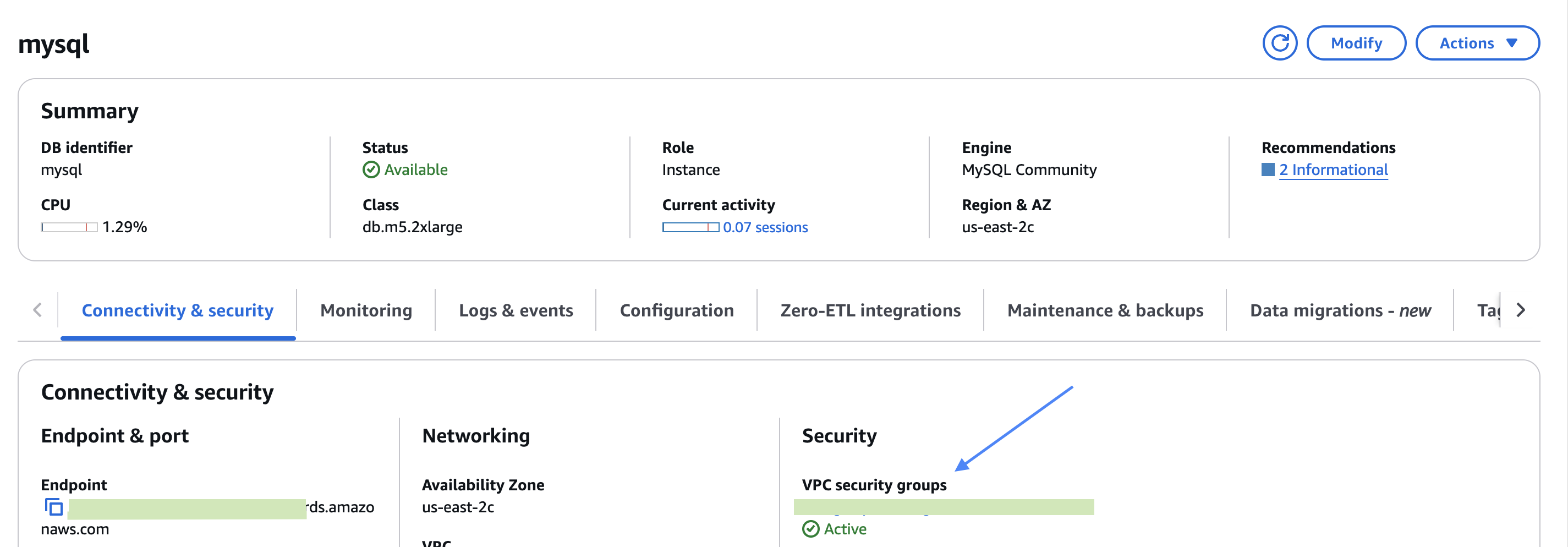 RDS에서 보안 그룹을 찾는 위치