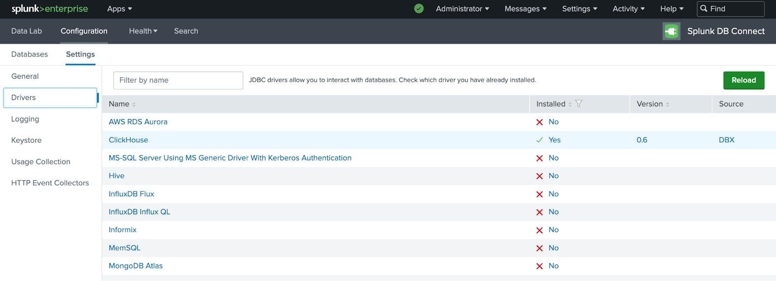 ClickHouse 드라이버가 성공적으로 설치된 Splunk DB Connect drivers 페이지